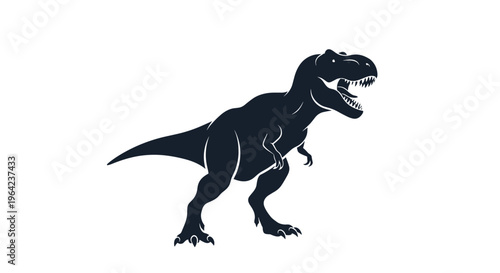 Powerful black silhouette of a Tyrannosaurus Rex dinosaur with its mouth open showing teeth on a white background.