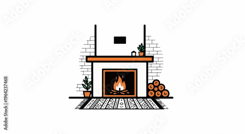 Cozy fireplace with burning logs, plants, and patterned rug
