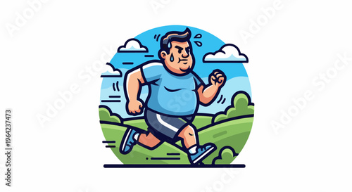 Overweight person running outdoors on a sunny day with clouds