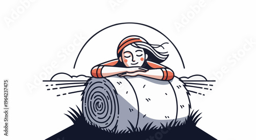 Peaceful woman resting on a hay bale under a simple sky