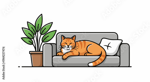 A happy tabby cat naps on a sofa with a houseplant nearby