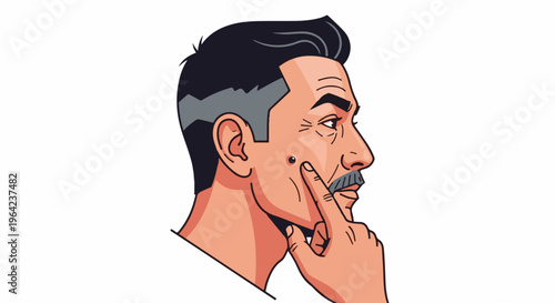 Stylized illustration of a man with a mustache pointing to a mole on his cheek