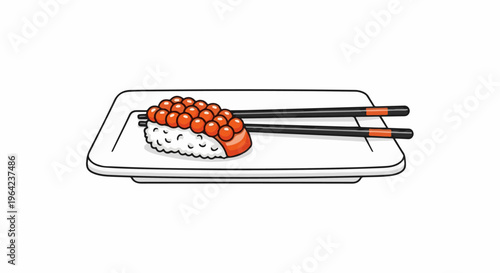 Stylized sushi with red roe on a white plate with chopsticks