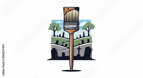 A paintbrush with paint drips over a stylized cemetery scene with tombstones