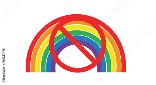 Prohibited symbol over a colorful rainbow arc indicating no rainbows or no spectrum colors allowed in this context.