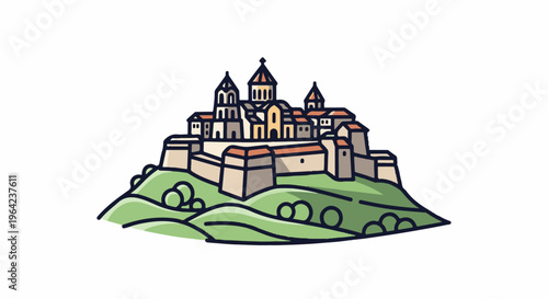 Stylized castle and buildings atop a green hill