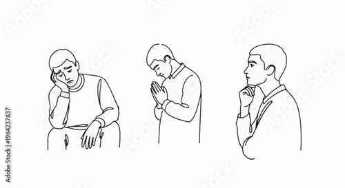 Three men shown in profile, one depressed, one praying, one thinking