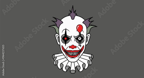 A creepy, cartoonish clown face with a red balloon