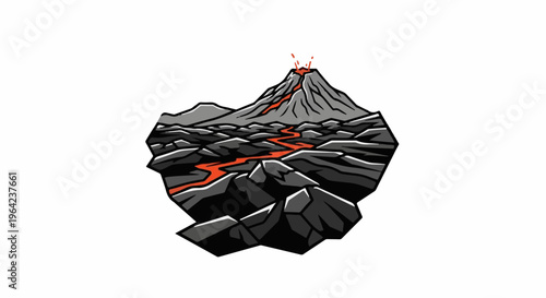 Stylized eruption of a gray volcano with molten red lava flowing down its slopes