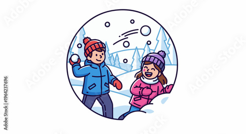 Children joyfully engaged in a snowball fight amidst a snowy forest scene