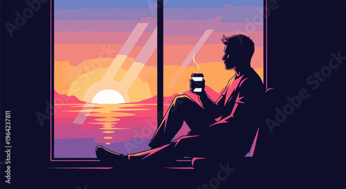 Silhouette of person holding cup, watching vibrant sunset over water
