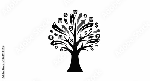 Stylized tree with upward arrows, coins, and dollar signs