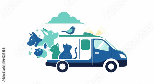 Stylized van transporting various pets under a fluffy cloud