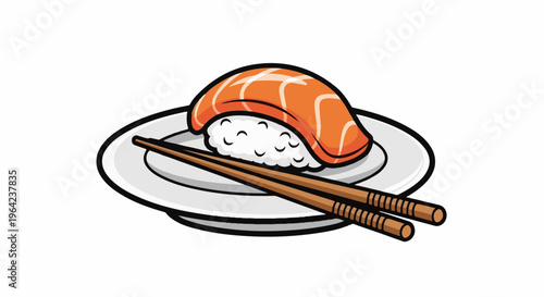A close-up illustration of a single salmon nigiri sushi on a white plate with chopsticks