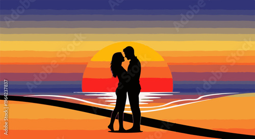 Silhouetted couple embracing against a vibrant sunset over the ocean