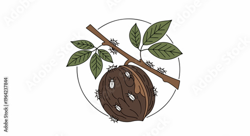 Brown nut on branch with green leaves and insects on white background