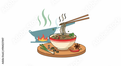 Bowl of noodles being lifted with chopsticks, with cooking wok in background