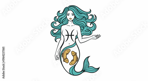 Stylized mermaid with long flowing hair, scales, and two fish within her tail