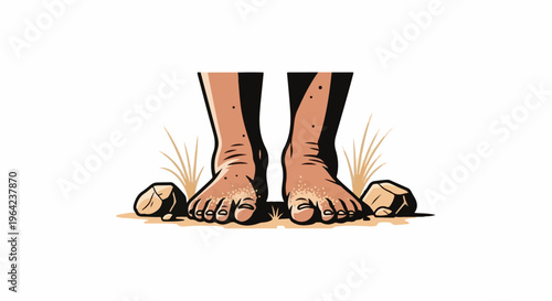 Bare feet with sand, grass, and rocks on white background