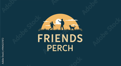 Two friends walk with a dog during sunset near a tent