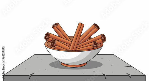 A ceramic bowl overflows with dried cinnamon sticks resting on a stone surface