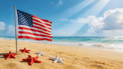 Patriotic summer tropical beach scene with American flags on golden sand and starfish. Blue sky clouds turquoise sea waves sunlight tyndall effect. For independence day celebration holiday
