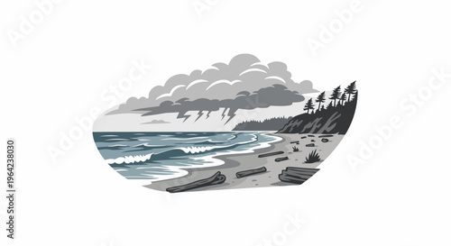 Stormy ocean meets a driftwood-strewn beach with dark clouds and lightning