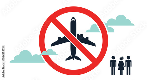 Flight restriction sign featuring a red prohibited symbol over a black airplane silhouette with clouds and a family of three standing nearby.