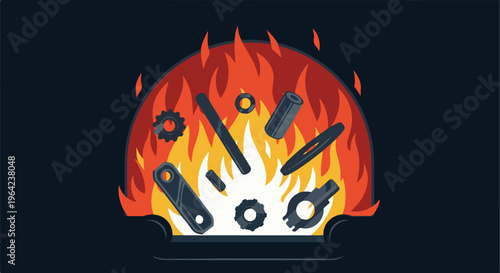 Metal parts being heated in a fire