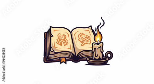 An open spellbook with strange symbols illuminated by a lit candle