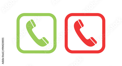 Telephone handset icons in square frames with rounded corners featuring green for call and red for end call symbols on white background.
