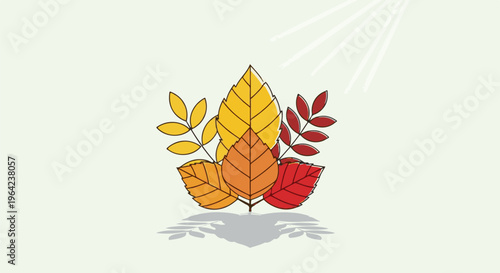 Stylized autumn leaves in warm colors with a light ray effect above