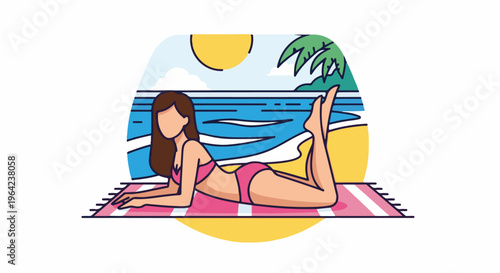 Woman in pink bikini sunbathing on beach towel by ocean