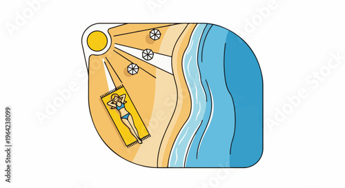 Woman sunbathing on a yellow towel on a sandy beach with ocean waves
