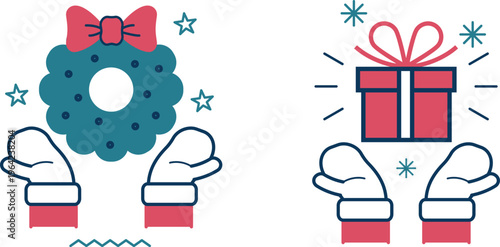 Children holding holiday wreath and gift box with festive decorations