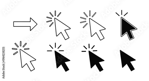Collection of computer mouse cursor icons in different styles including black, white, outlined, and clicking versions with an arrow key.