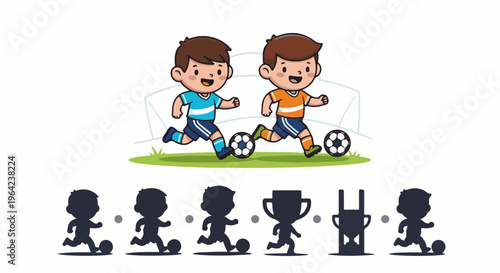Two cartoon boys playing soccer with a goal behind them and shadow figures below