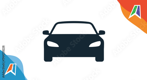 Modern car silhouette icon in black centered on a white background with colorful abstract decorative shapes in the upper and lower corners.