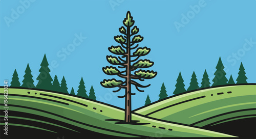Stylized evergreen tree stands tall on rolling green hills under a bright blue sky