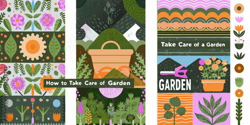 Colorful floral and gardening themed bookmarks with illustrative designs