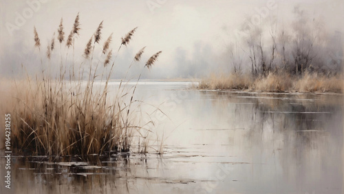 SERENE NATURAL LANDSCAPE WITH CALM RIVER AND DRY REED ALONG SHORE IN MISTY ATMOSPHERE. SOFT TONES, FOG AND REFLECTION CREATE PEACEFUL MINIMAL SCENE FOR TRANQUILITY, NATURE, WELLNESS AND SEASONAL MOOD.