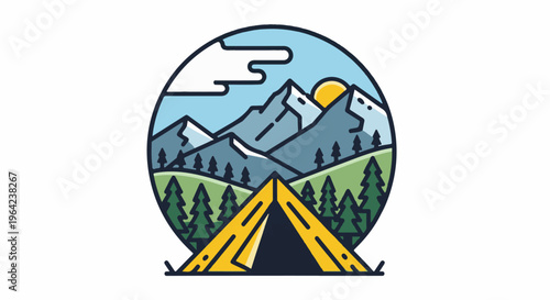 A yellow tent sits in a valley with pine trees and mountains under a sunny sky