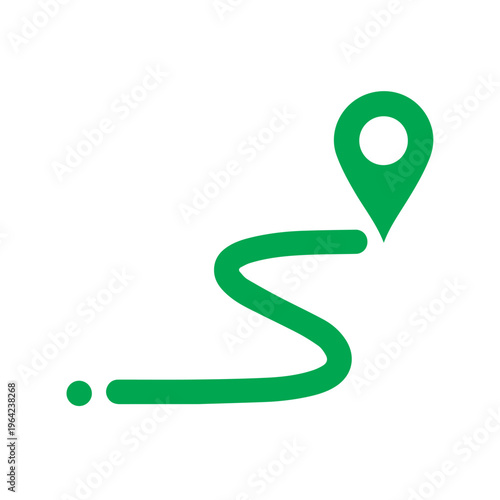 Green map route line with a destination pin icon suggesting navigation and travel direction on a white background.