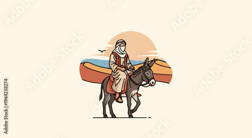 Person in traditional desert attire rides a donkey through sandy dunes