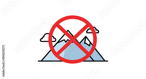 Mountain access restricted sign featuring a red prohibited circle with a diagonal line over a group of snow-capped peaks and clouds.