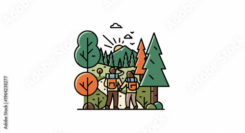 Two hikers trek on a path through a vibrant forest with mountains in the distance