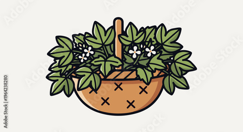 A woven basket overflows with lush green foliage and small white blossoms