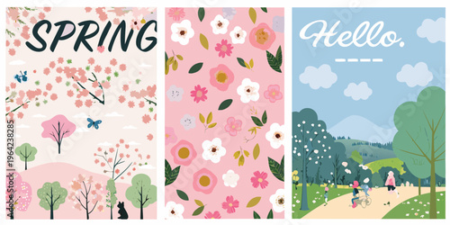 Three springtime banners featuring floral designs text and scenic landscapes