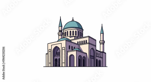 Stylized illustration of a large mosque with a central dome and twin minarets