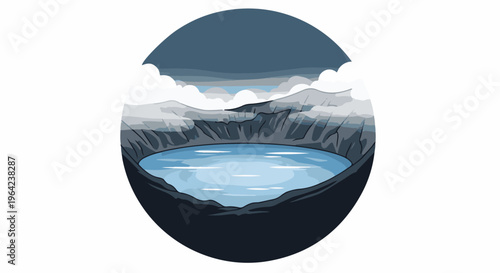 Pixelated crater lake with mountainous backdrop under cloudy skies